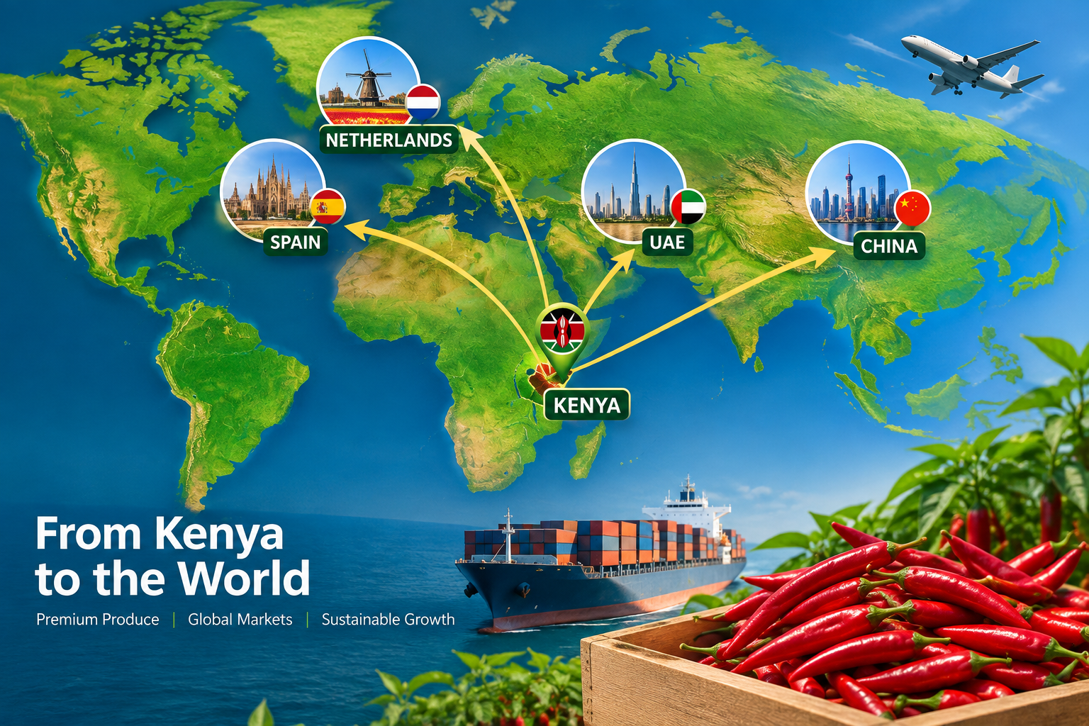 Illustrated export regions from Kenya to the Netherlands, Spain, United Arab Emirates and China